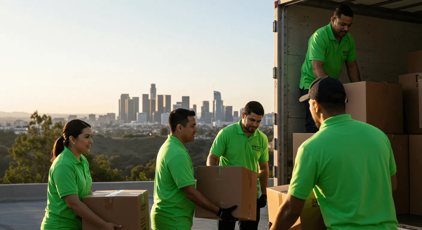 Moving crew passing cardboard boxes outside with a city skyline in the background at sunset.