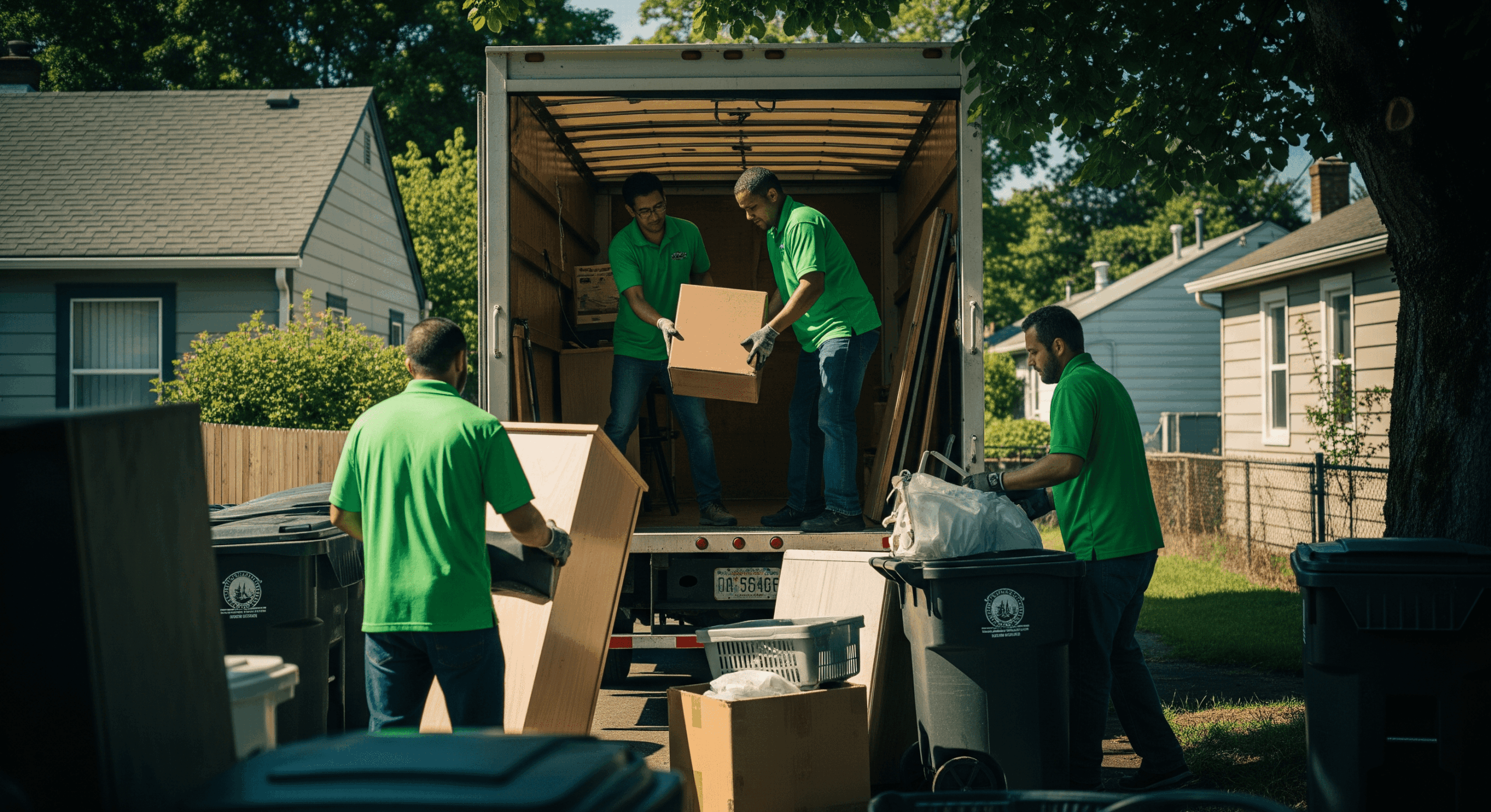 Moving team unloading furniture and boxes from a truck into a residential home on a sunny day.