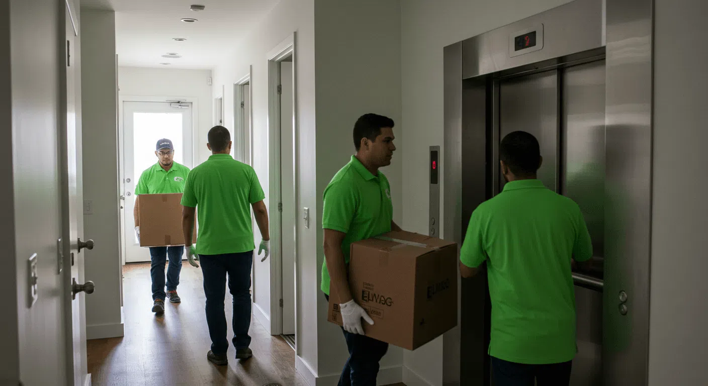 Movers carrying boxes through a modern hallway toward an elevator during an apartment move.