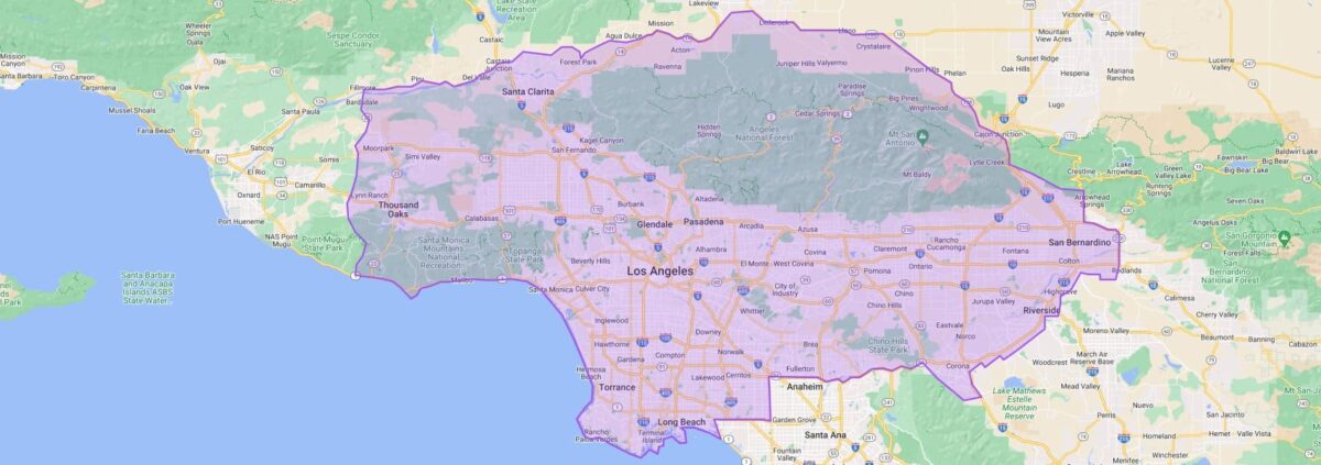 Map highlighting Los Angeles County in Southern California, showing surrounding areas including San Bernardino and Riverside. Los Angeles Movers