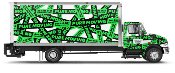 A moving truck with a green and black PURE MOVING design and a phone number printed multiple times on its side, advertising the moving service.