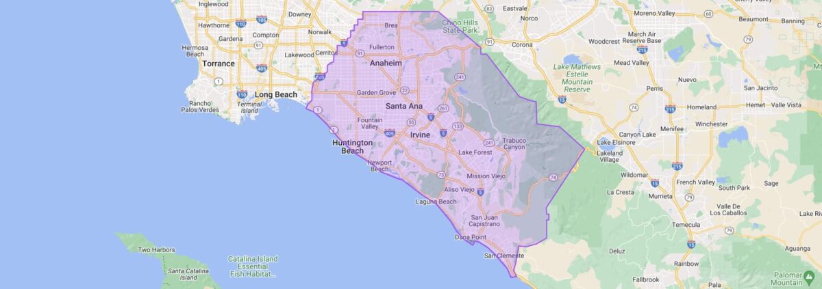 A map highlighting the Orange County area in California with boundaries marked in purple, covering cities including Irvine, Santa Ana, Anaheim, and Huntington Beach. Orange county Movers
