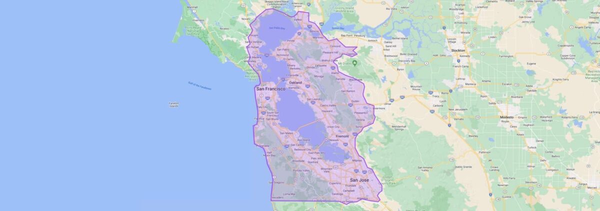 A map highlighting the San Francisco Bay Area in purple, encompassing cities including San Francisco, Oakland, and San Jose, and surrounded by the Pacific Ocean and land. San Francisco Movers