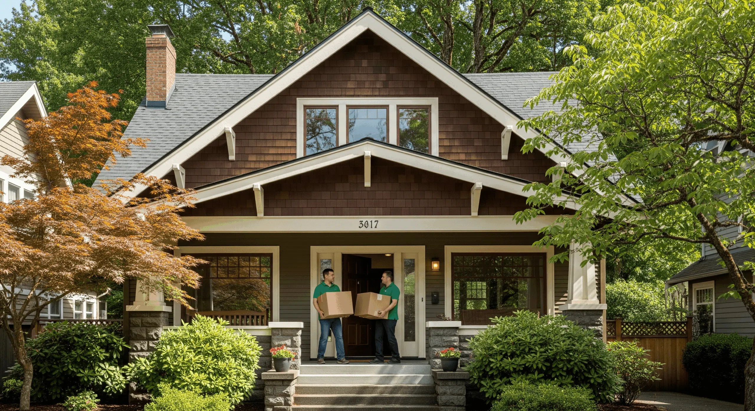 Movers carrying boxes onto the front steps of a suburban home.
