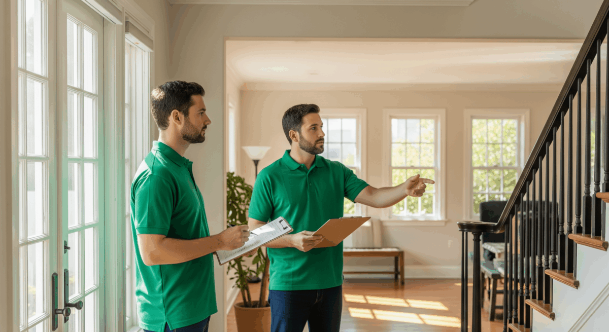 Two movers reviewing a home interior and taking notes during a pre-move assessment.