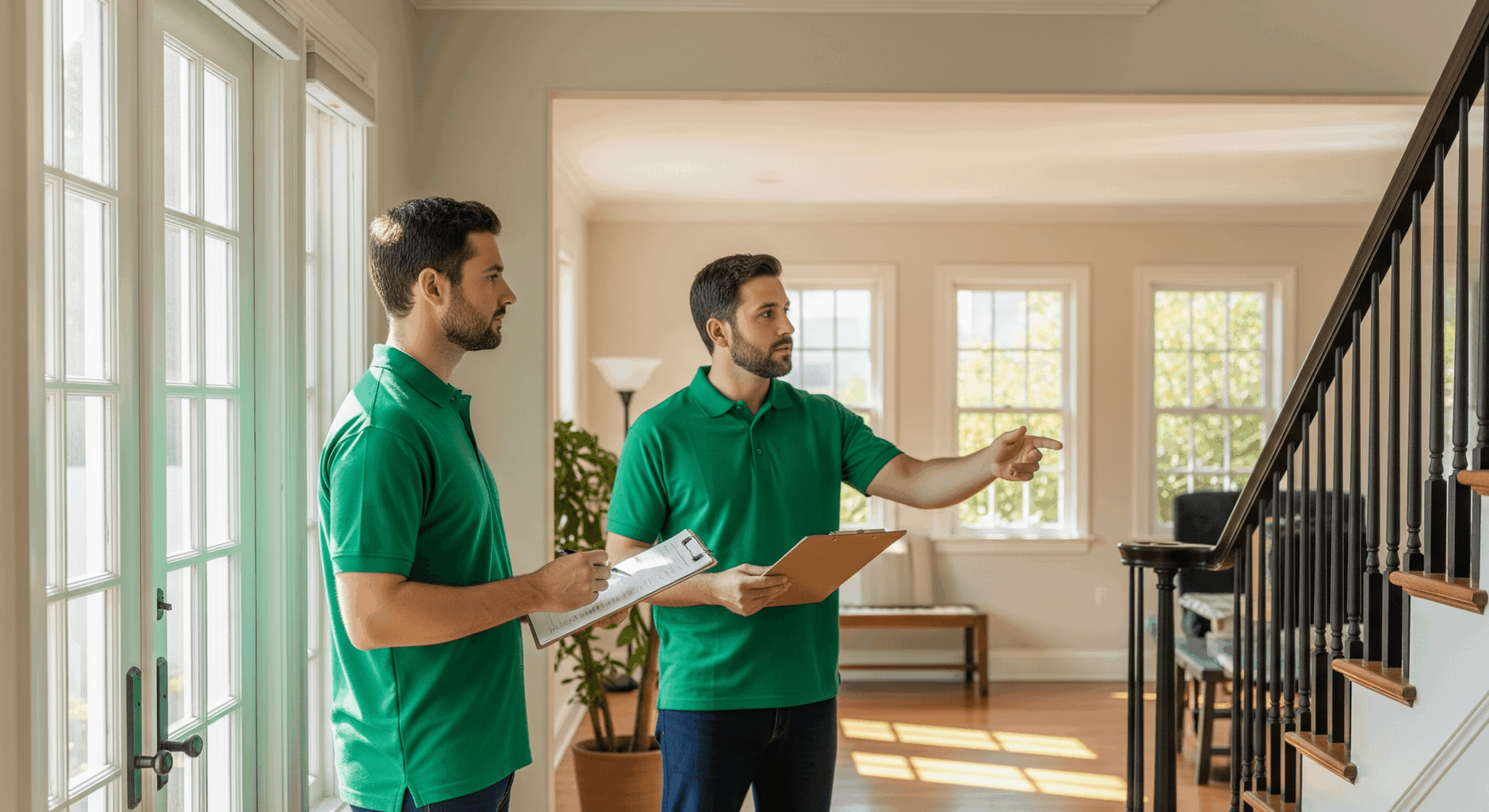Two movers reviewing a home interior and taking notes during a pre-move assessment.