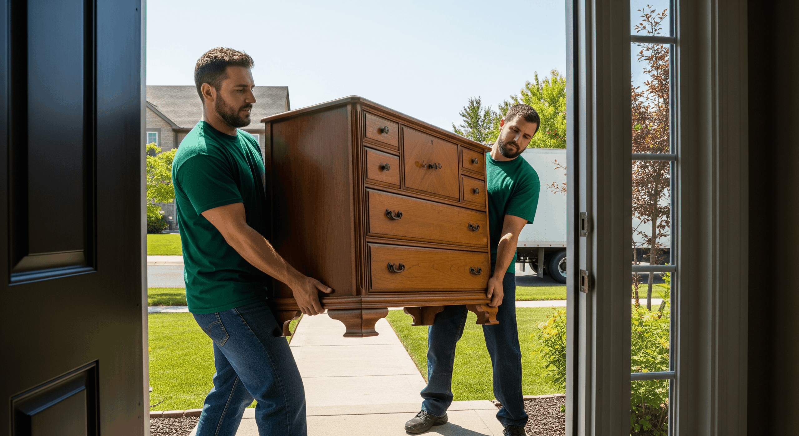 A pair of movers lift and transport a heavy dresser through the front door of a customer’s home.
