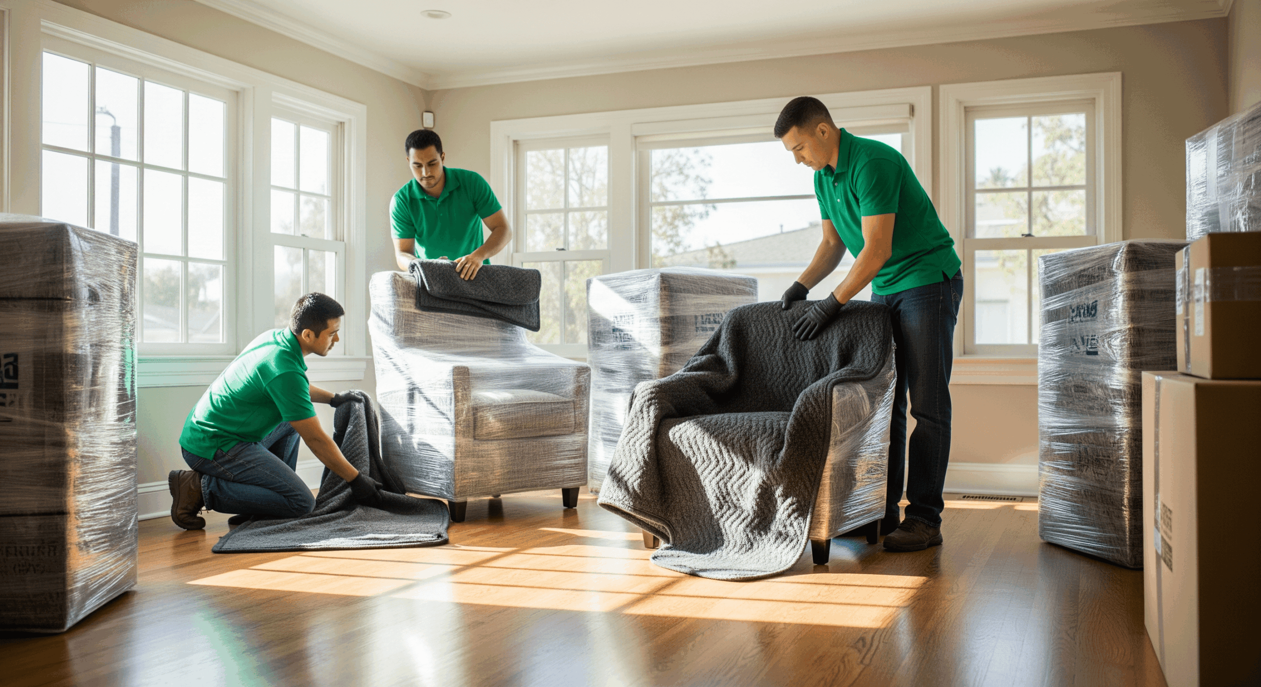Movers wrapping padded blankets around furniture items inside a home.