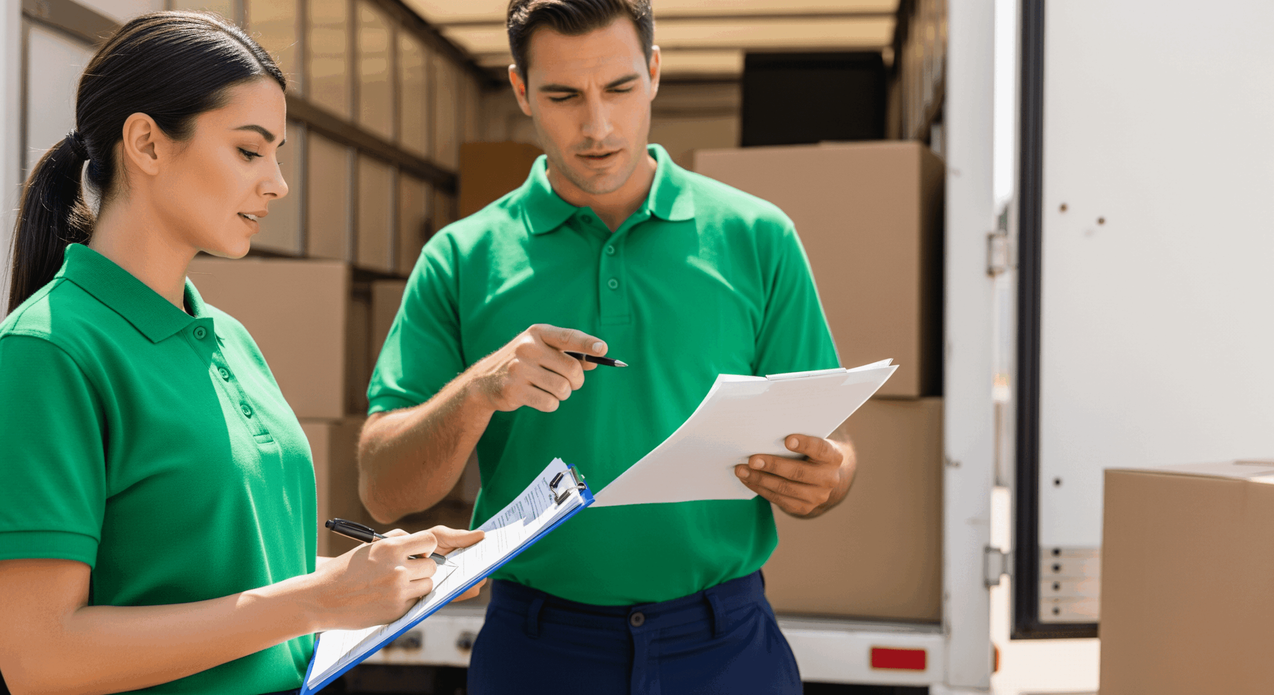 Movers reviewing checklists and documents beside a moving truck.