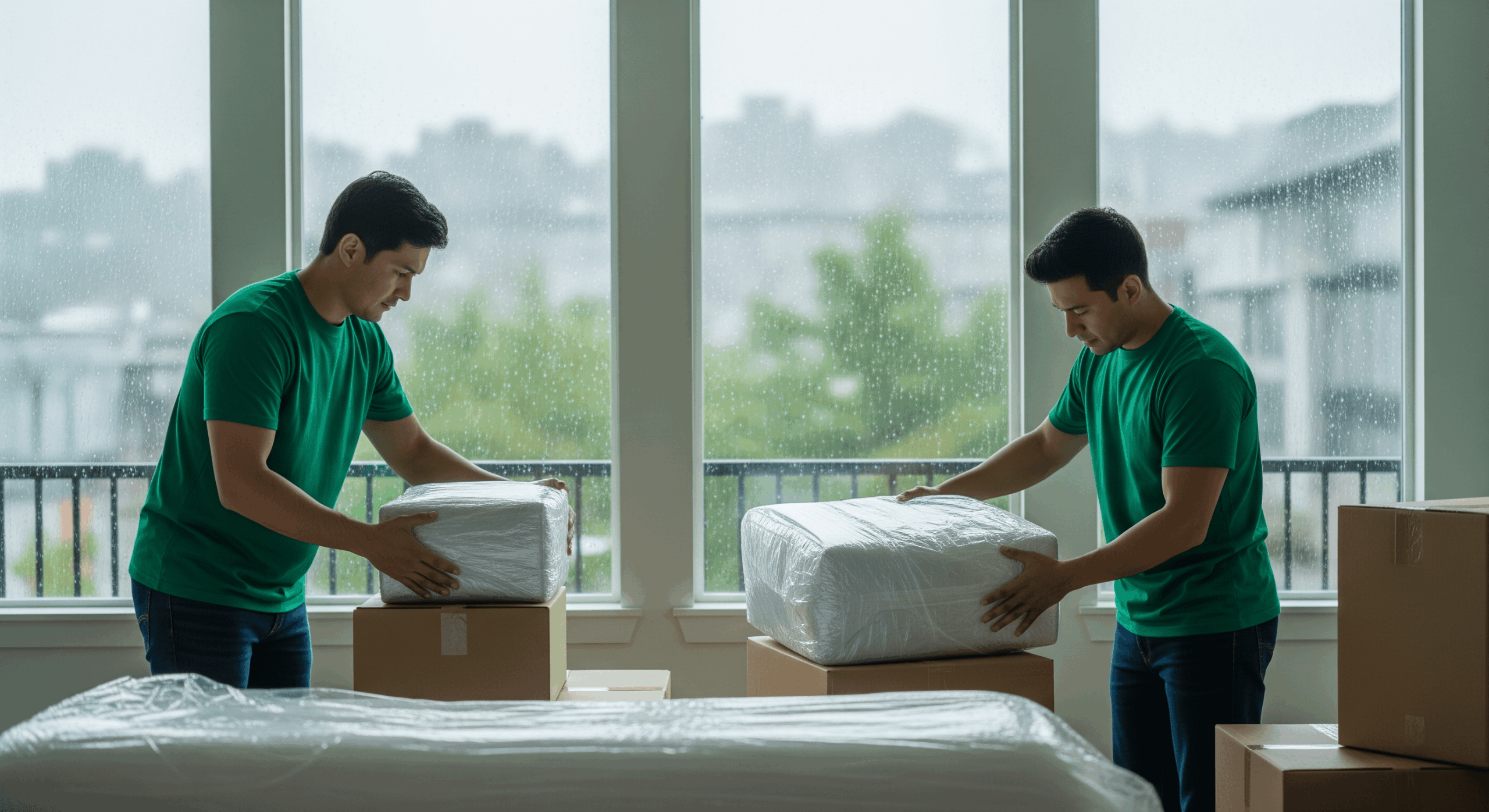 Movers wrapping household items indoors while rain falls outside.