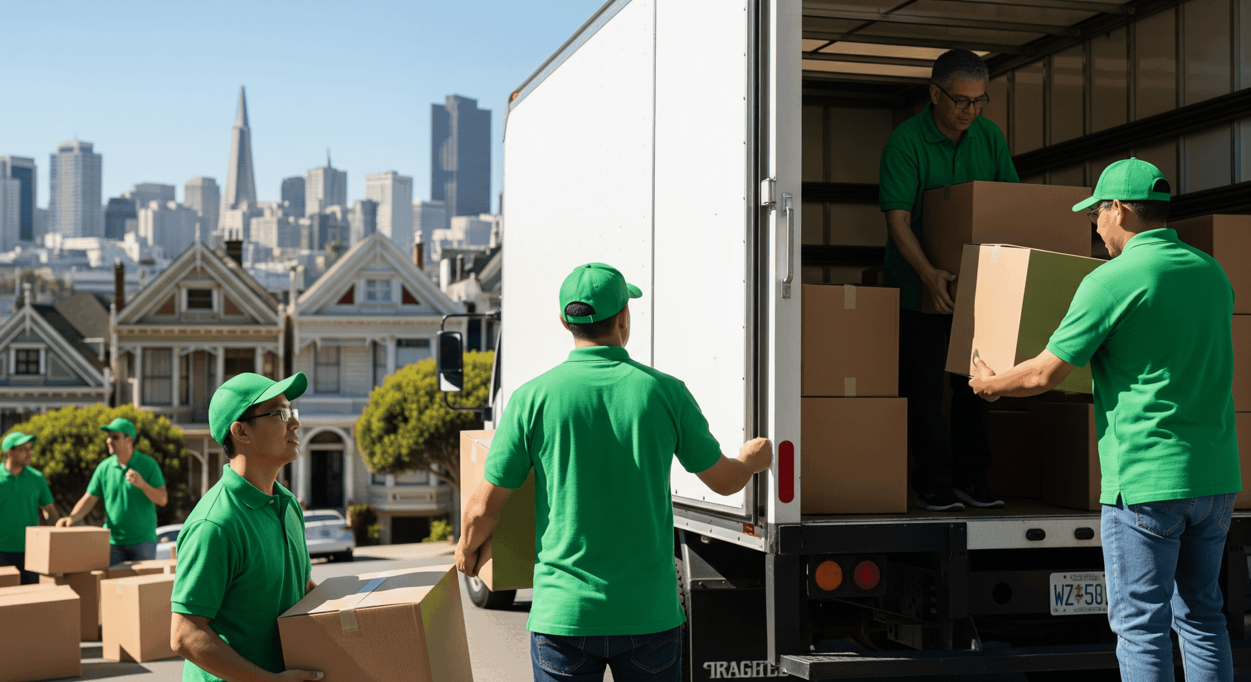 Movers unloading boxes from a truck on a city street with a skyline in the background.