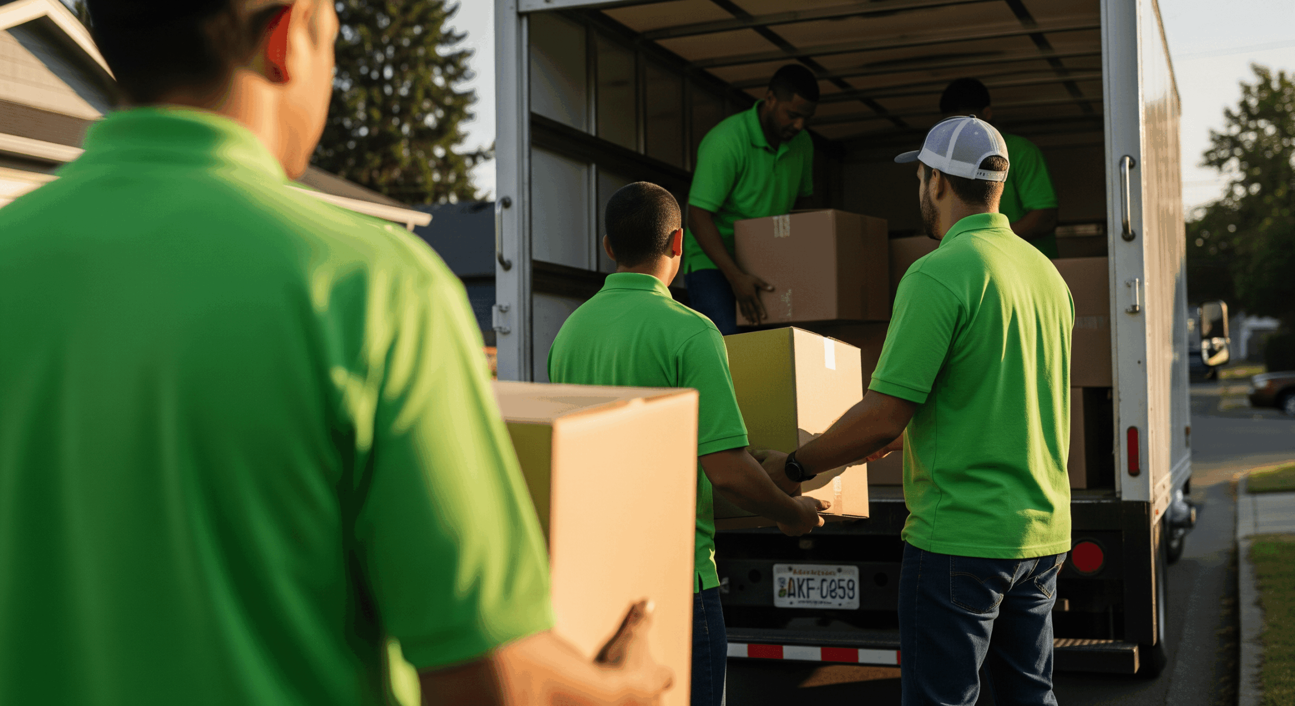 Movers forming a line to load boxes into a moving truck, passing items hand-to-hand.