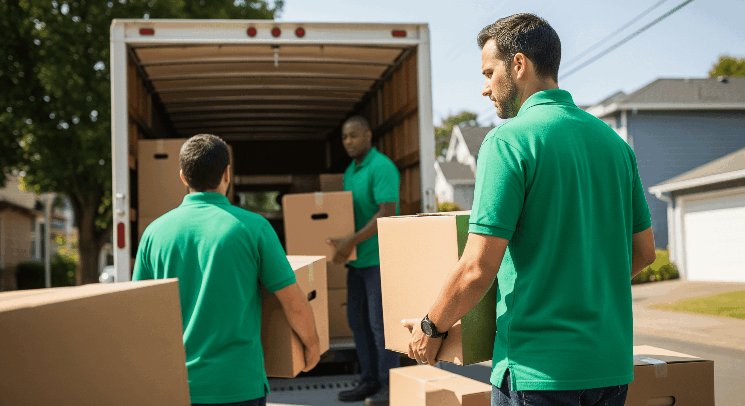 Several movers carrying boxes toward the open back of a moving truck parked on a residential street.