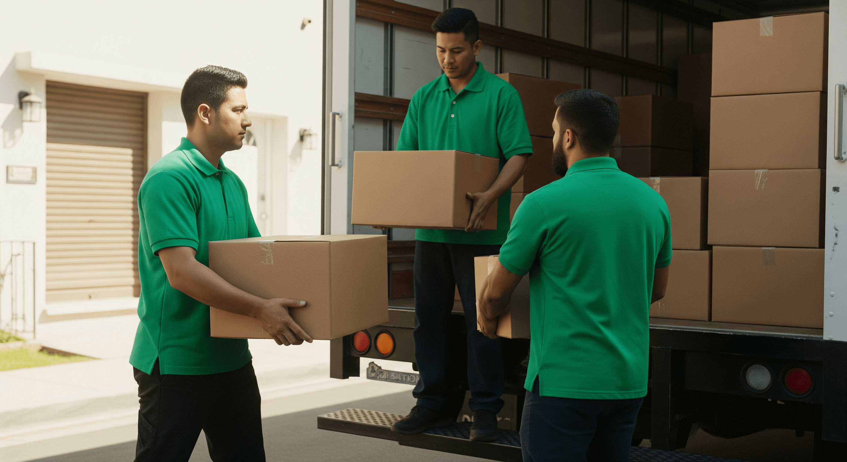 A team of movers in green uniforms unloading cardboard boxes from a moving truck in a suburban neighborhood.