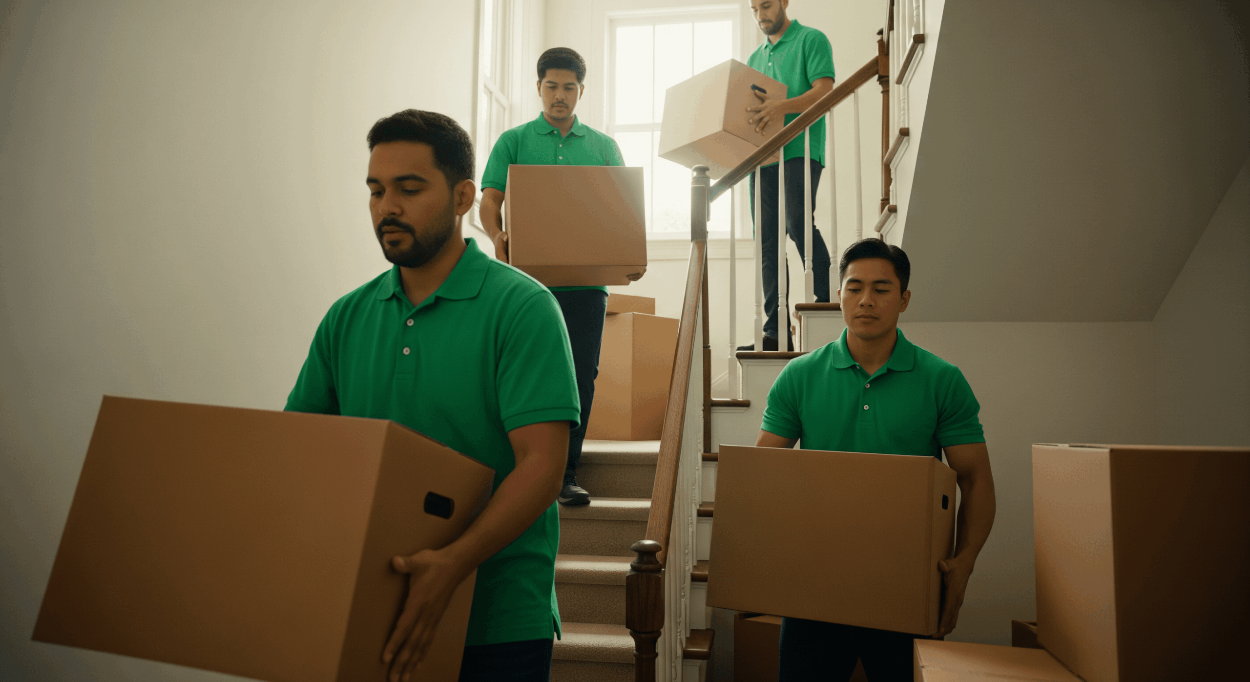 Four movers carrying boxes down a residential staircase during a home relocation.