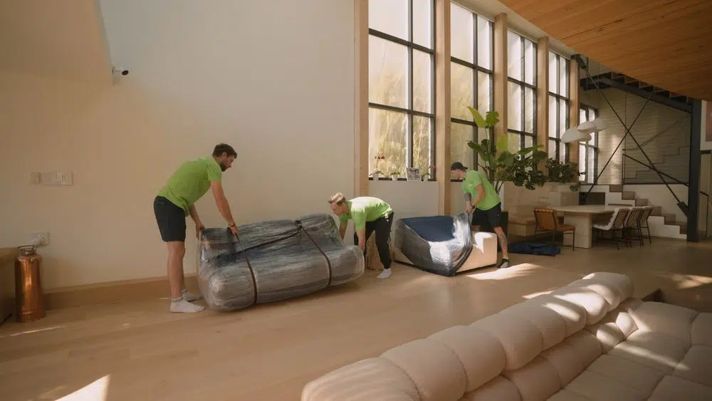 Pure Movers team wrapping furniture inside modern luxury home