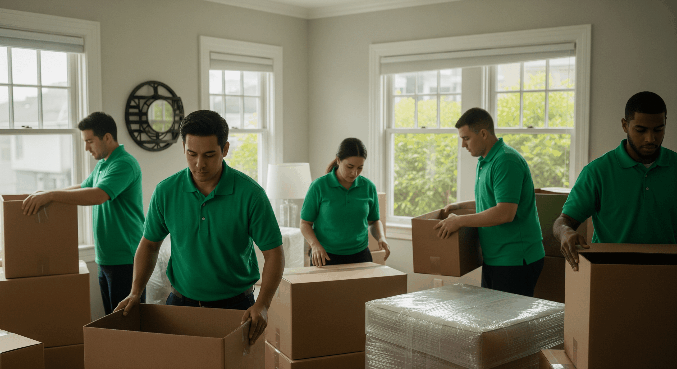 Five movers in green shirts packing and organizing boxes inside a residential living room.
