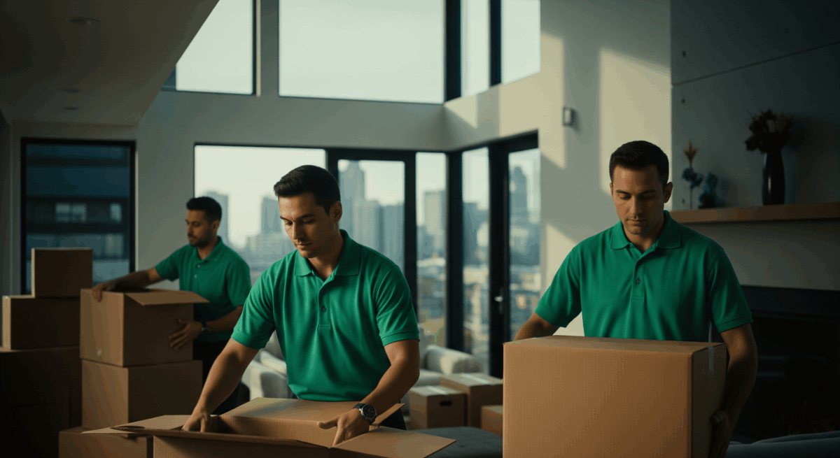 Movers packing and organizing boxes inside a modern home with large windows and a city view.