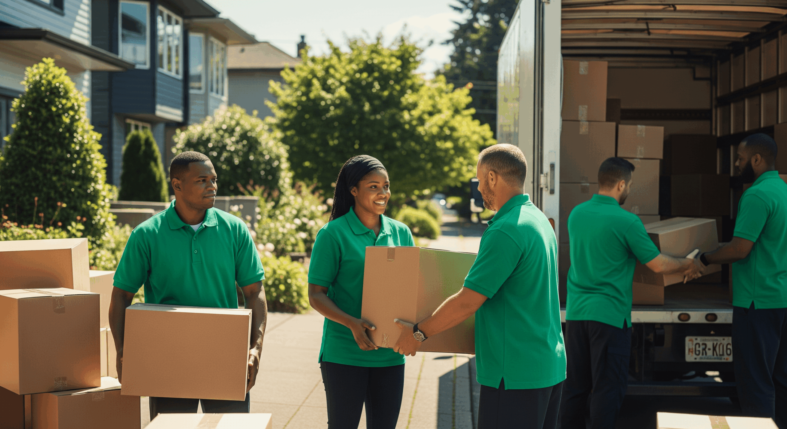 A team of movers in green uniforms unloading cardboard boxes from a moving truck in a suburban neighborhood.
