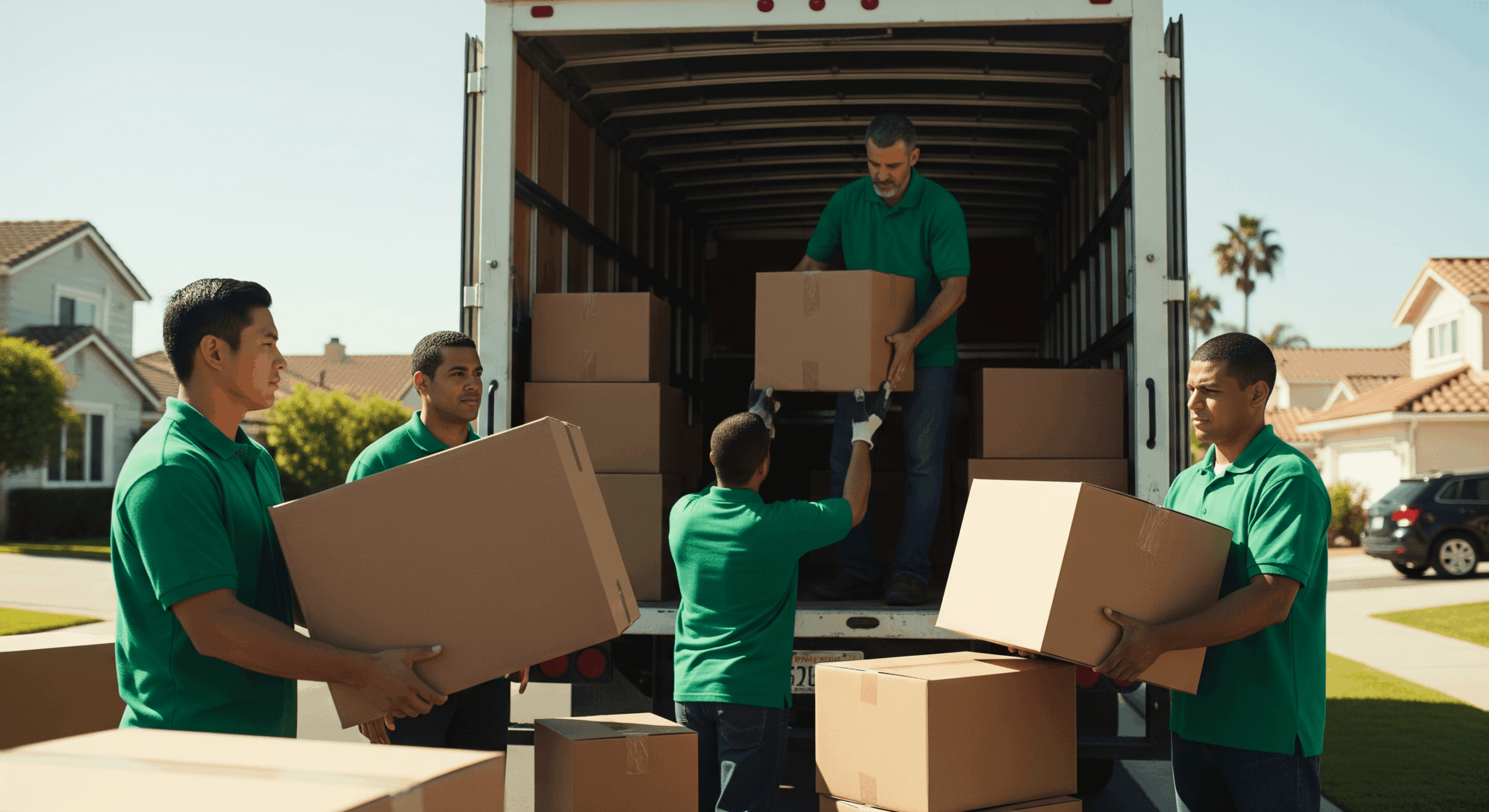 Movers unloading boxes from a truck in a residential neighborhood with single-family homes.