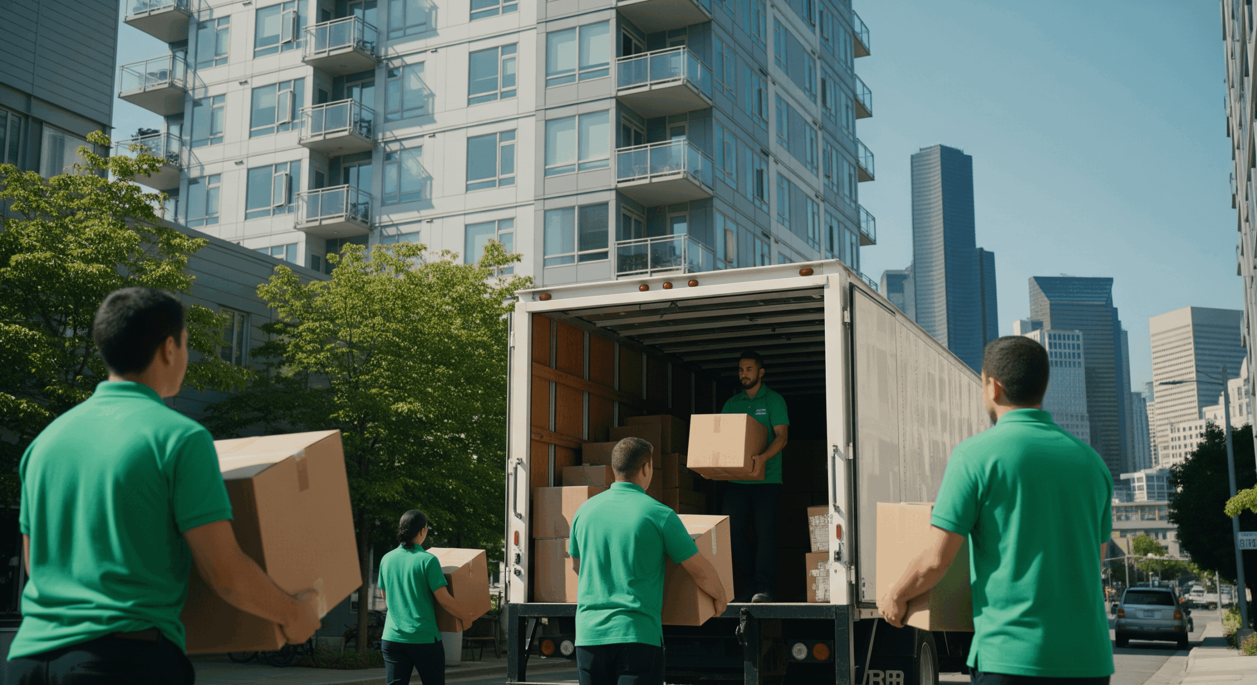 Movers unloading boxes from a truck near modern apartment buildings in a downtown setting.