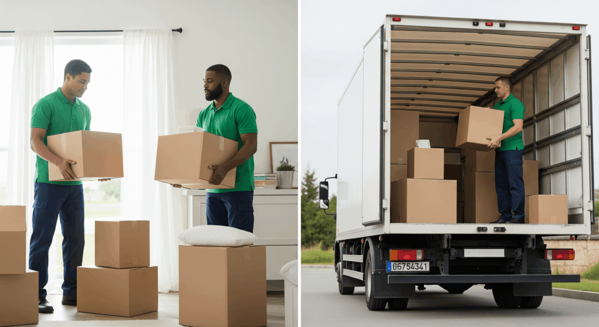Full service movers Seattle team packing and loading boxes indoors and in a truck.