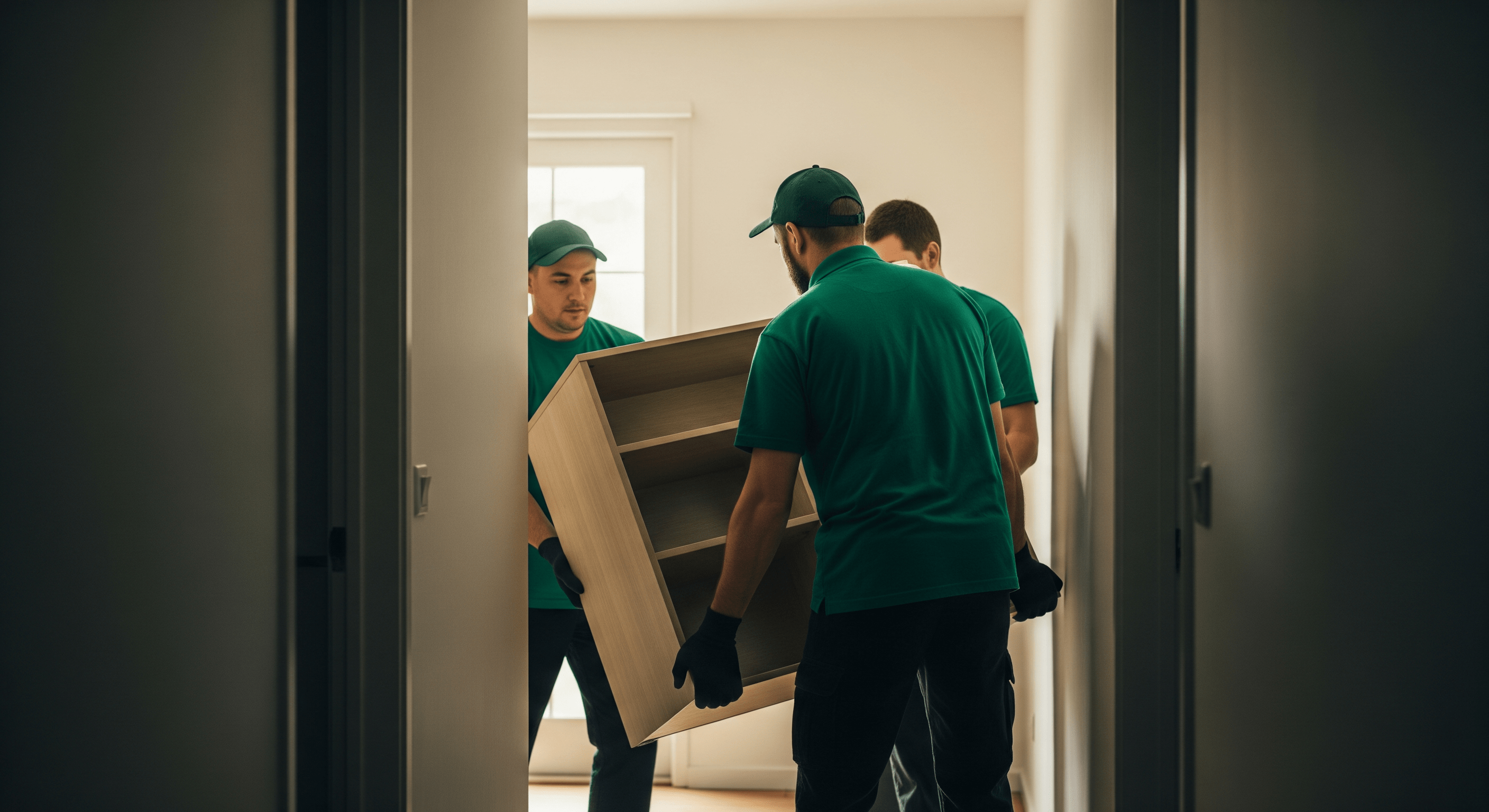 Furniture movers Los Angeles team navigating a bulky item through a hallway.