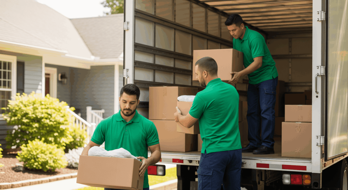 Crew unloading boxes as part of hire moving company services. Santa Monica