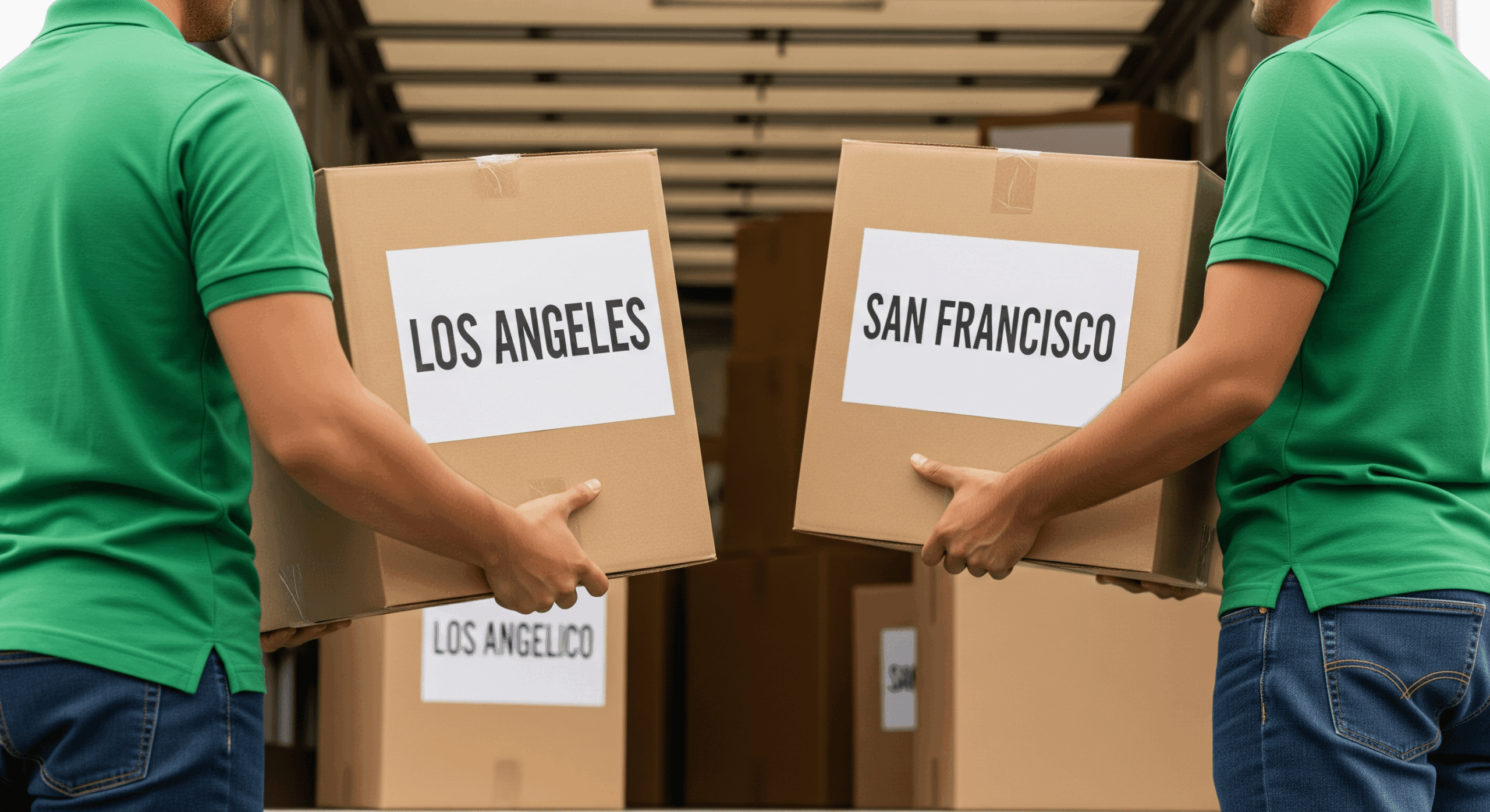 LA to SF moving company workers handling labeled boxes for a city-to-city move.