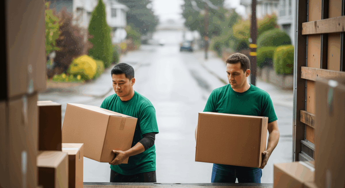Local Seattle movers carrying boxes during rainy weather.