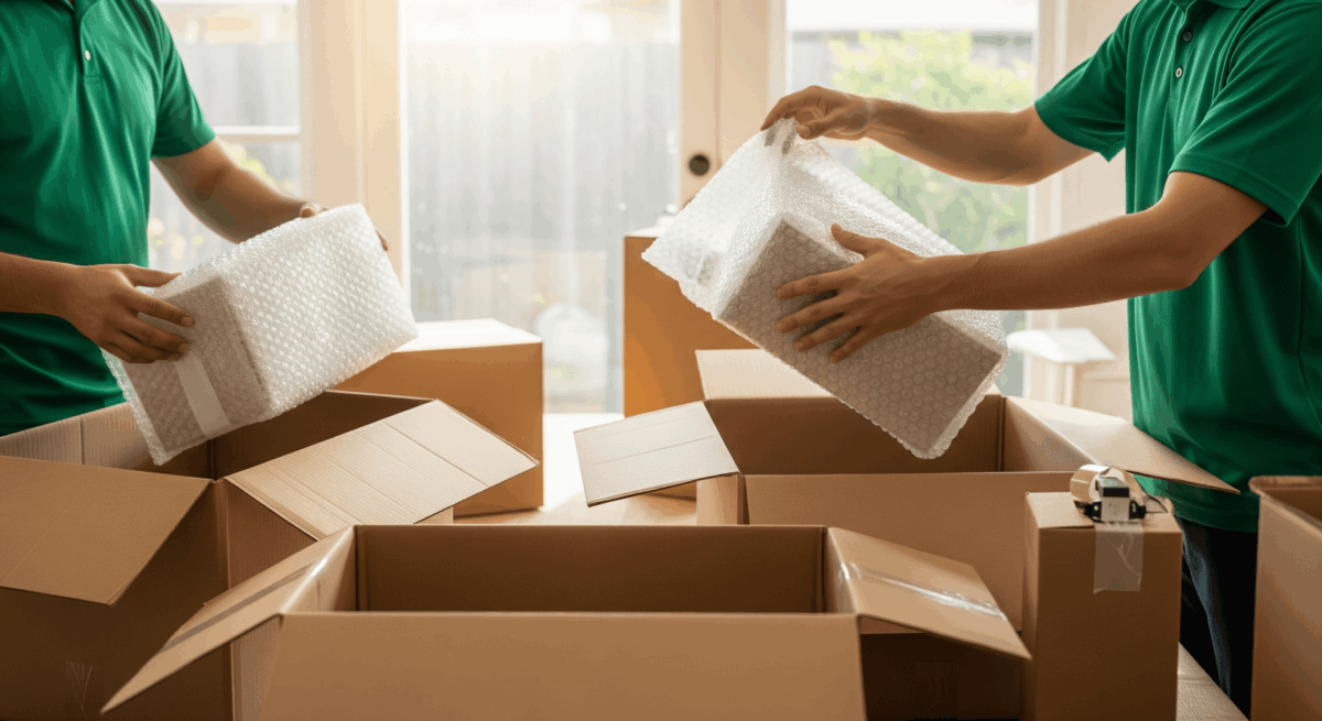 Packing services Los Angeles team securing items in bubble wrap.
