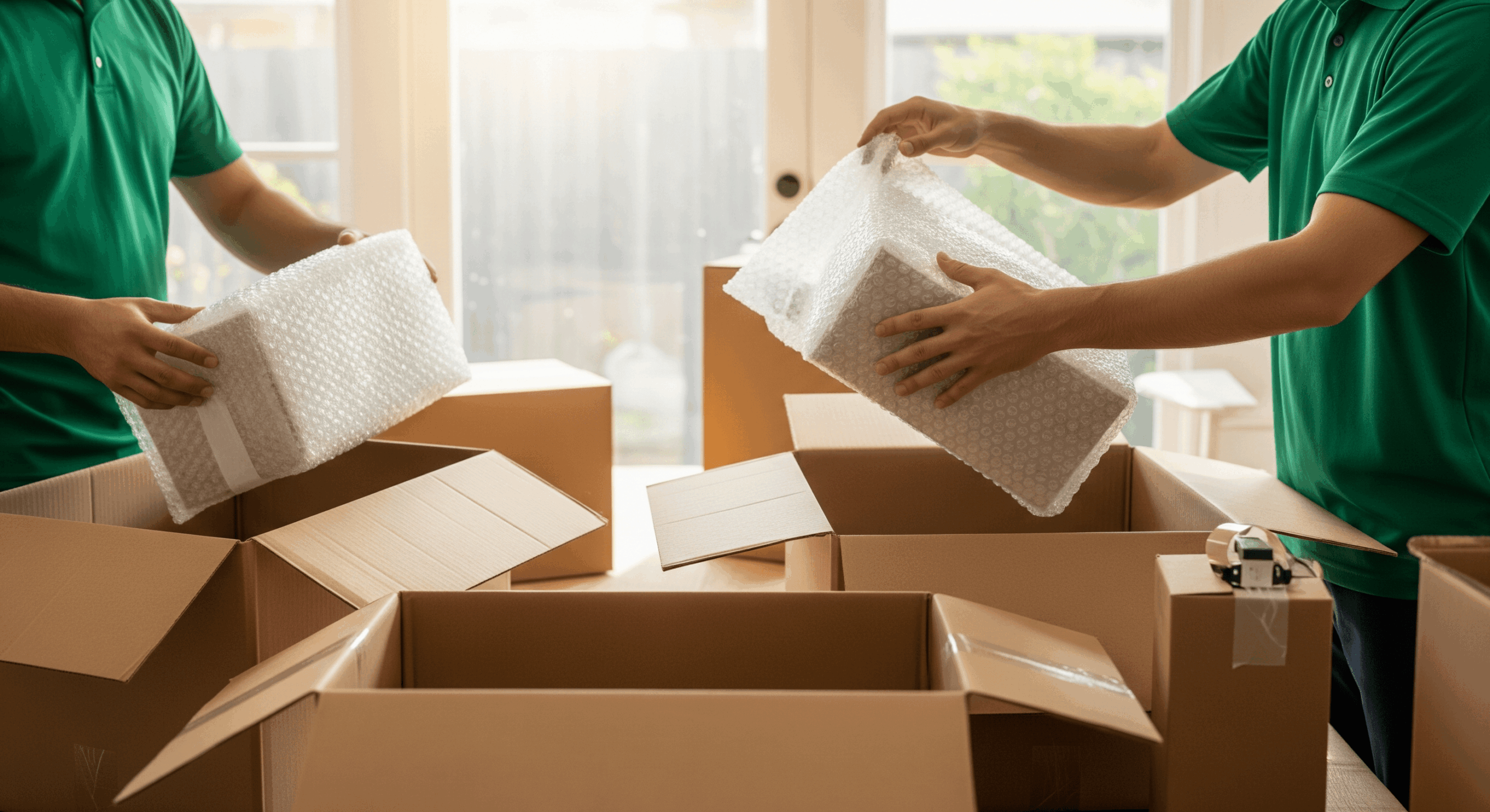 Packing services Los Angeles team securing items in bubble wrap.
