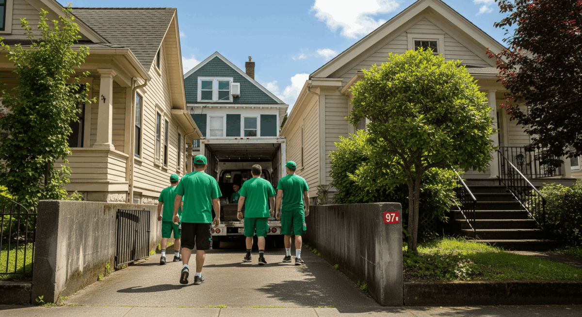 Portland movers walking toward a truck parked between older homes.