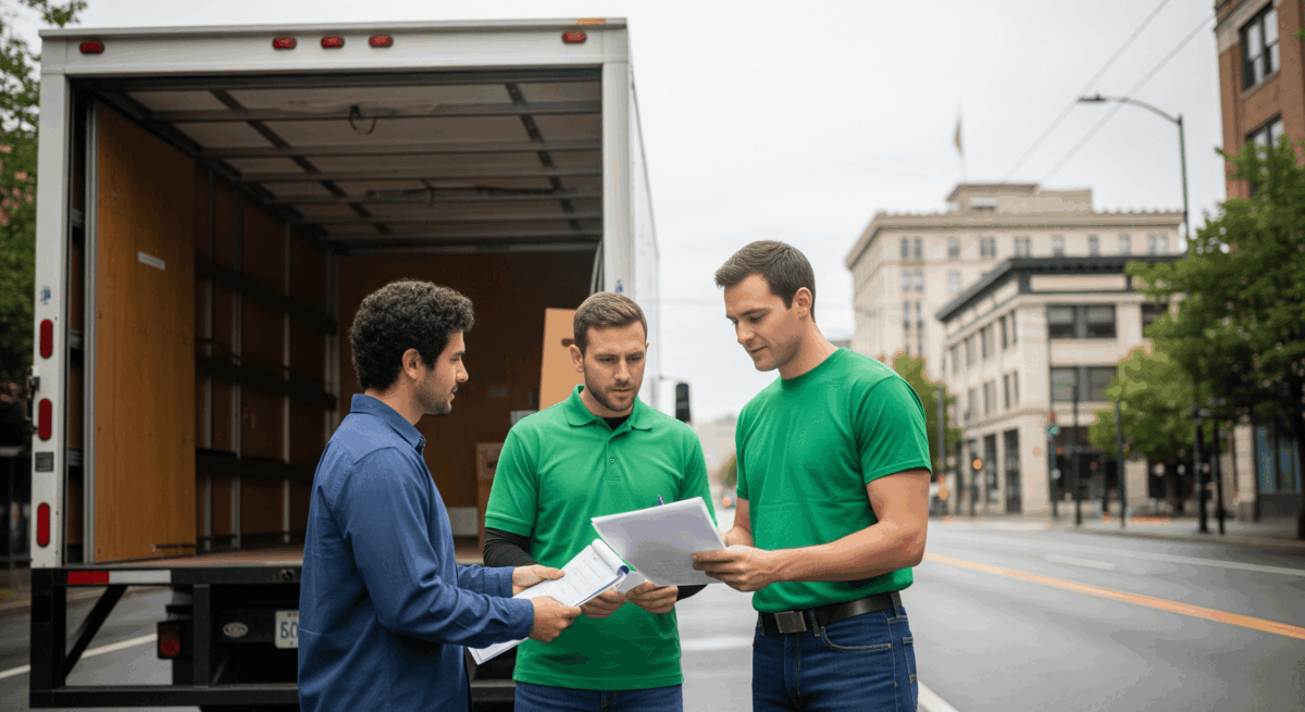 Portland moving companies reviewing documents on a city street beside a moving truck.