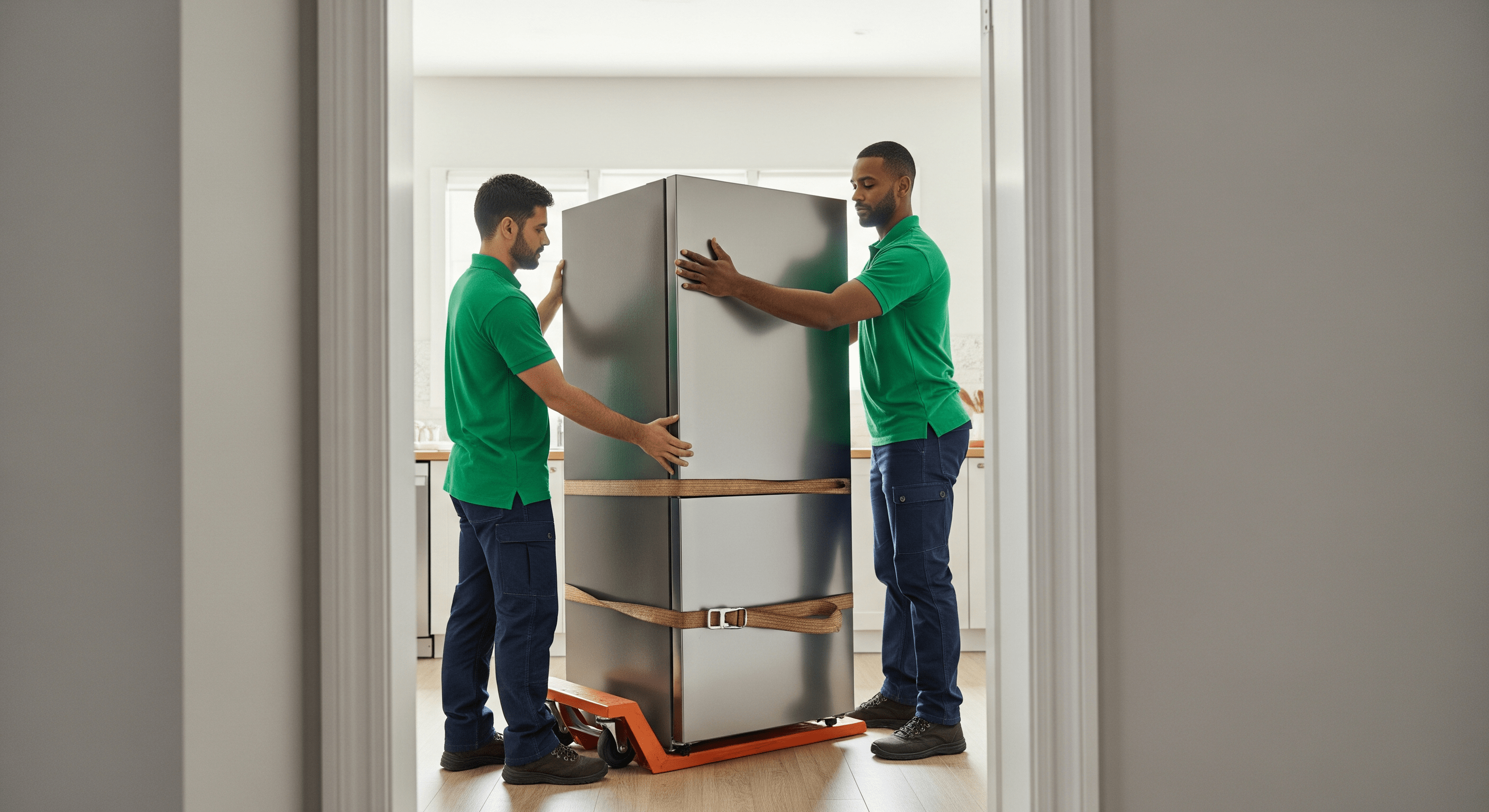 Two refrigerator movers near me carefully move a large fridge through a doorway.