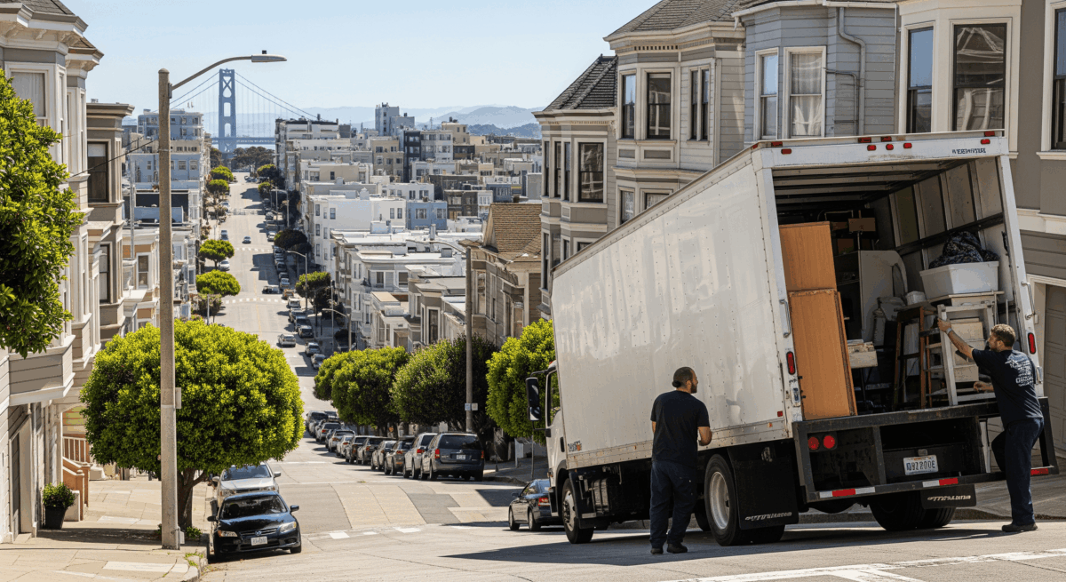 San Francisco residential movers loading a truck on a steep city hill.