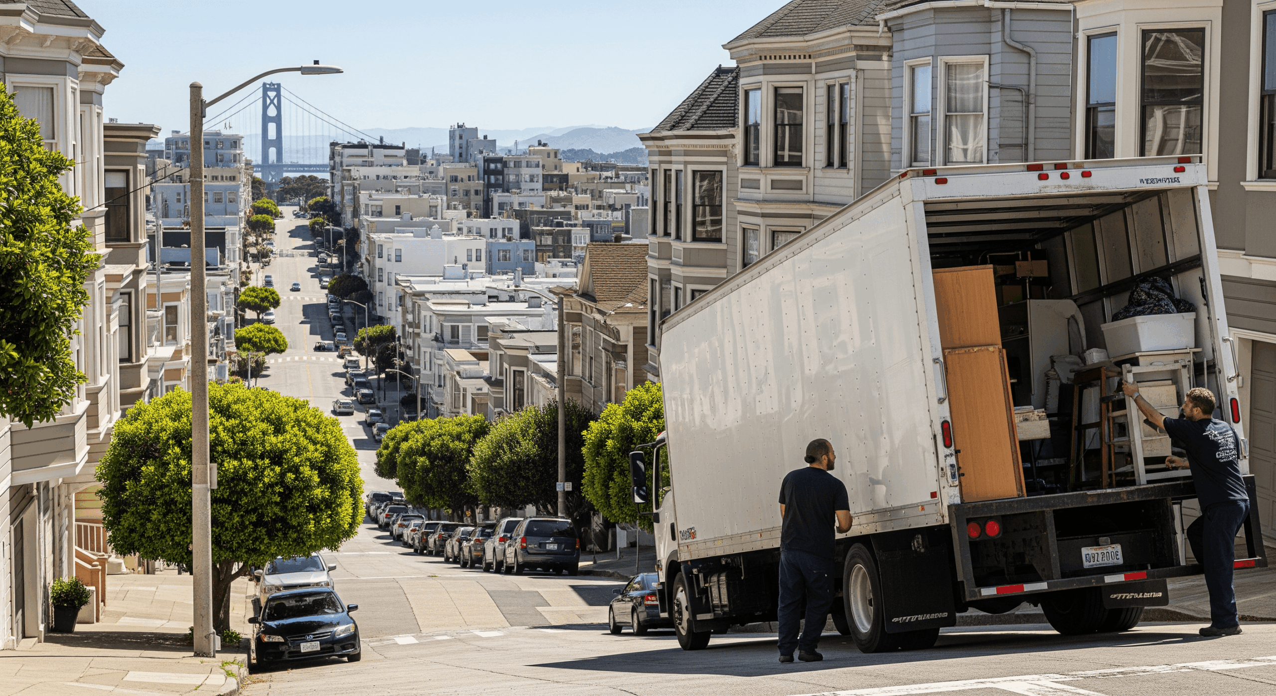 San Francisco residential movers loading a truck on a steep city hill.
