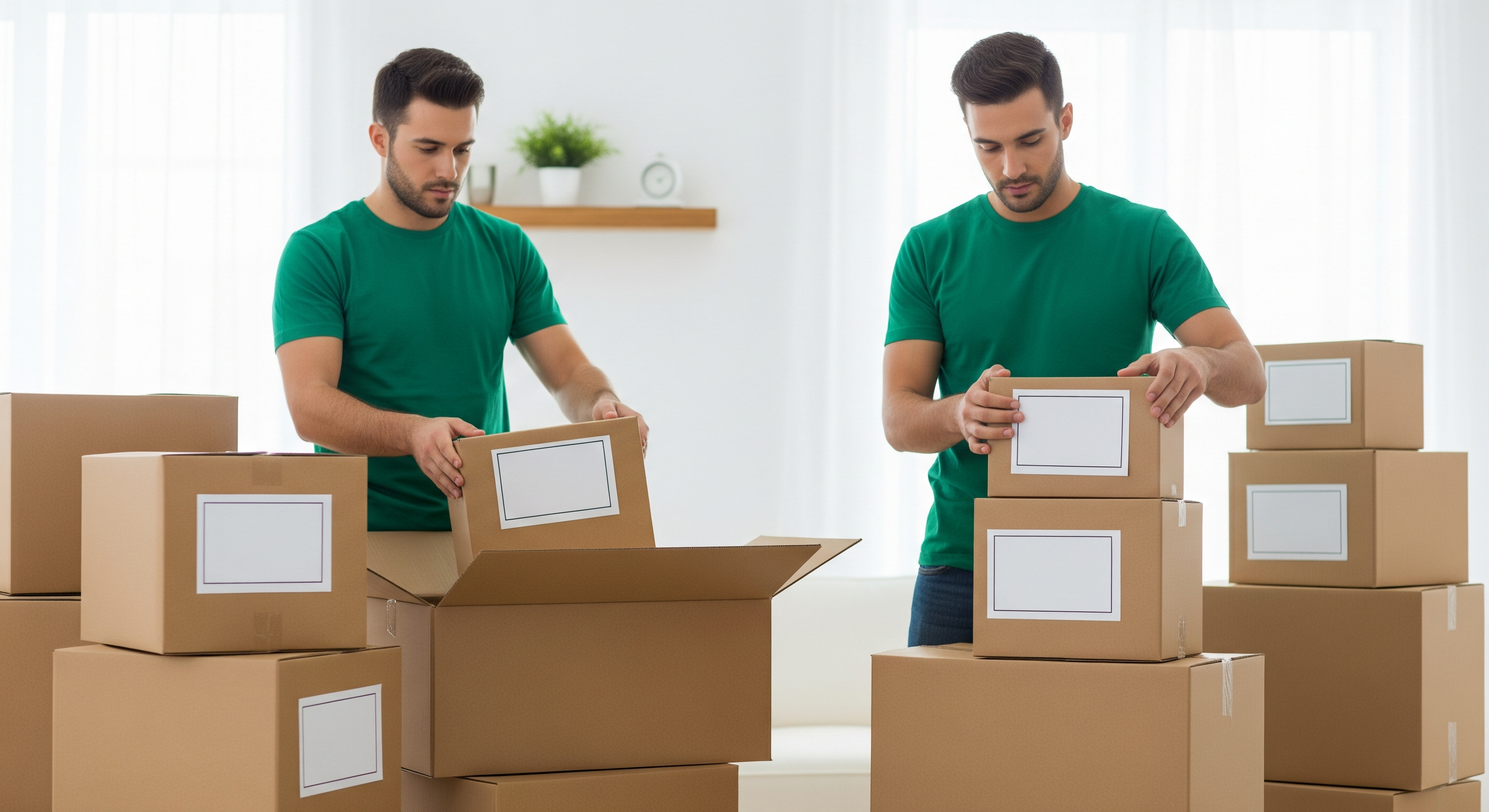 Movers labeling and stacking boxes during packing process