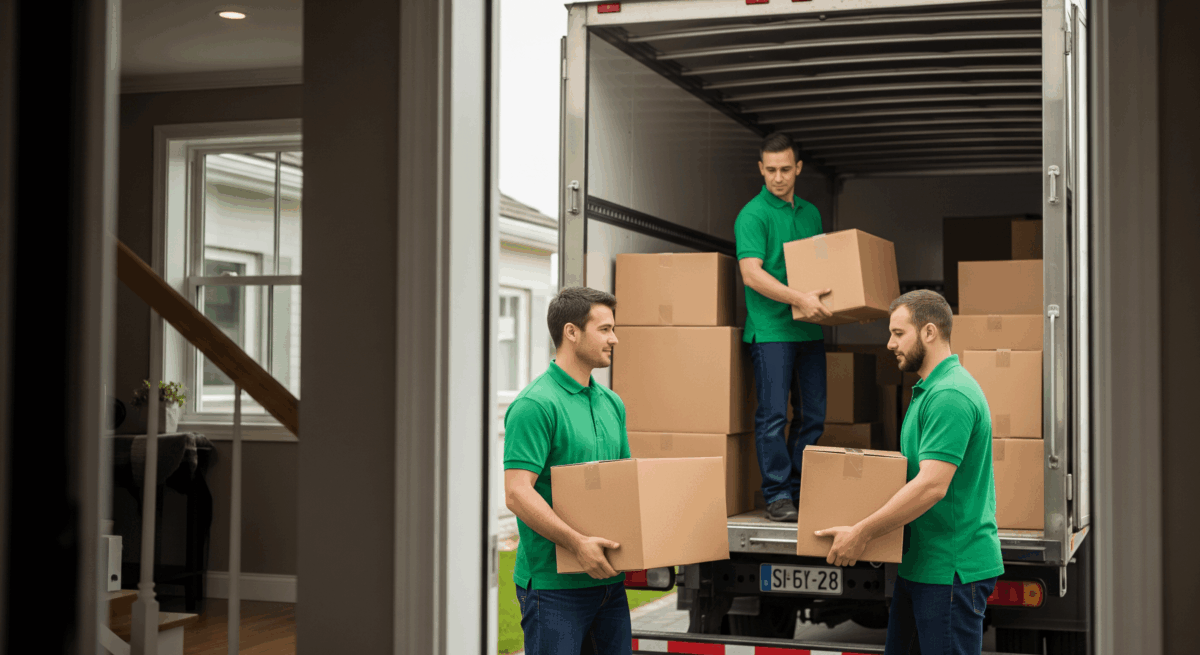 Moving crew loading boxes into a truck during a residential move