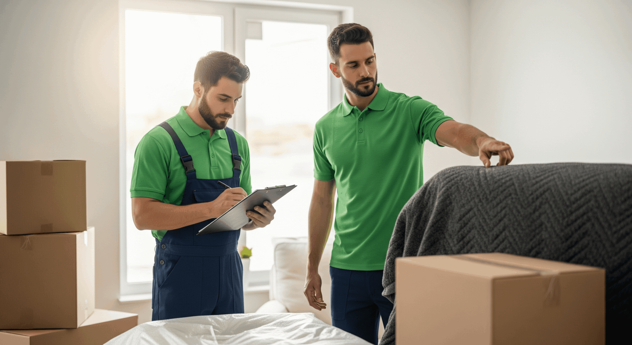 Mover completing an inventory checklist while inspecting wrapped furniture