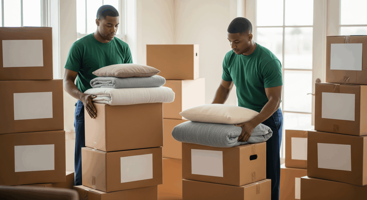 Movers packing blankets and pillows into labeled moving boxes