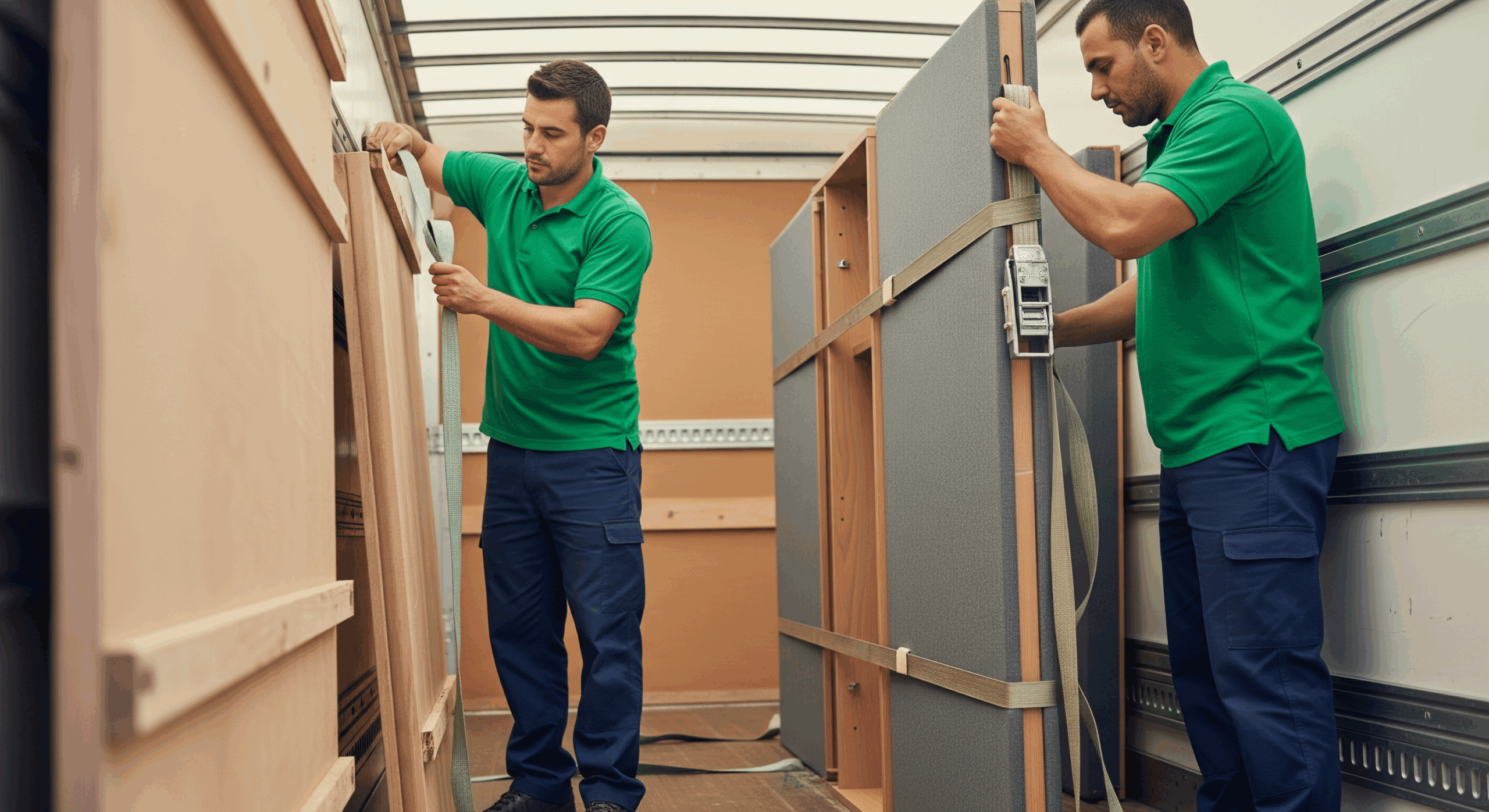 Movers securing large furniture inside a moving truck with straps