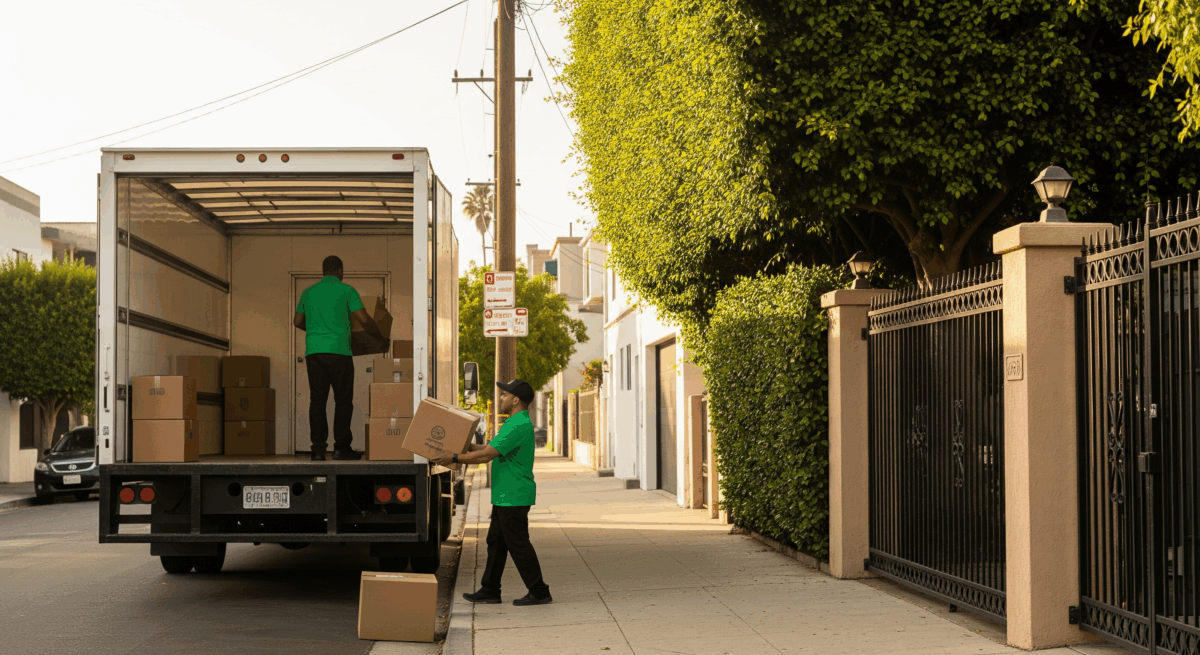 Movers loading boxes into a moving truck parked on a residential street