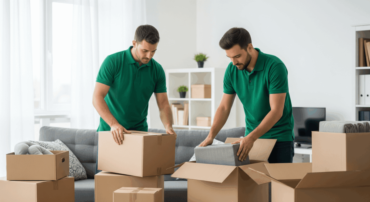 Movers unpacking boxes and placing furniture in a living room