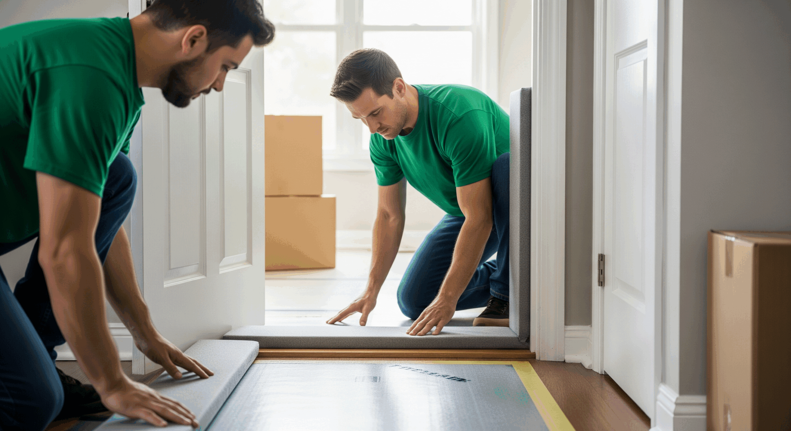 Movers installing floor protection mats during a home move