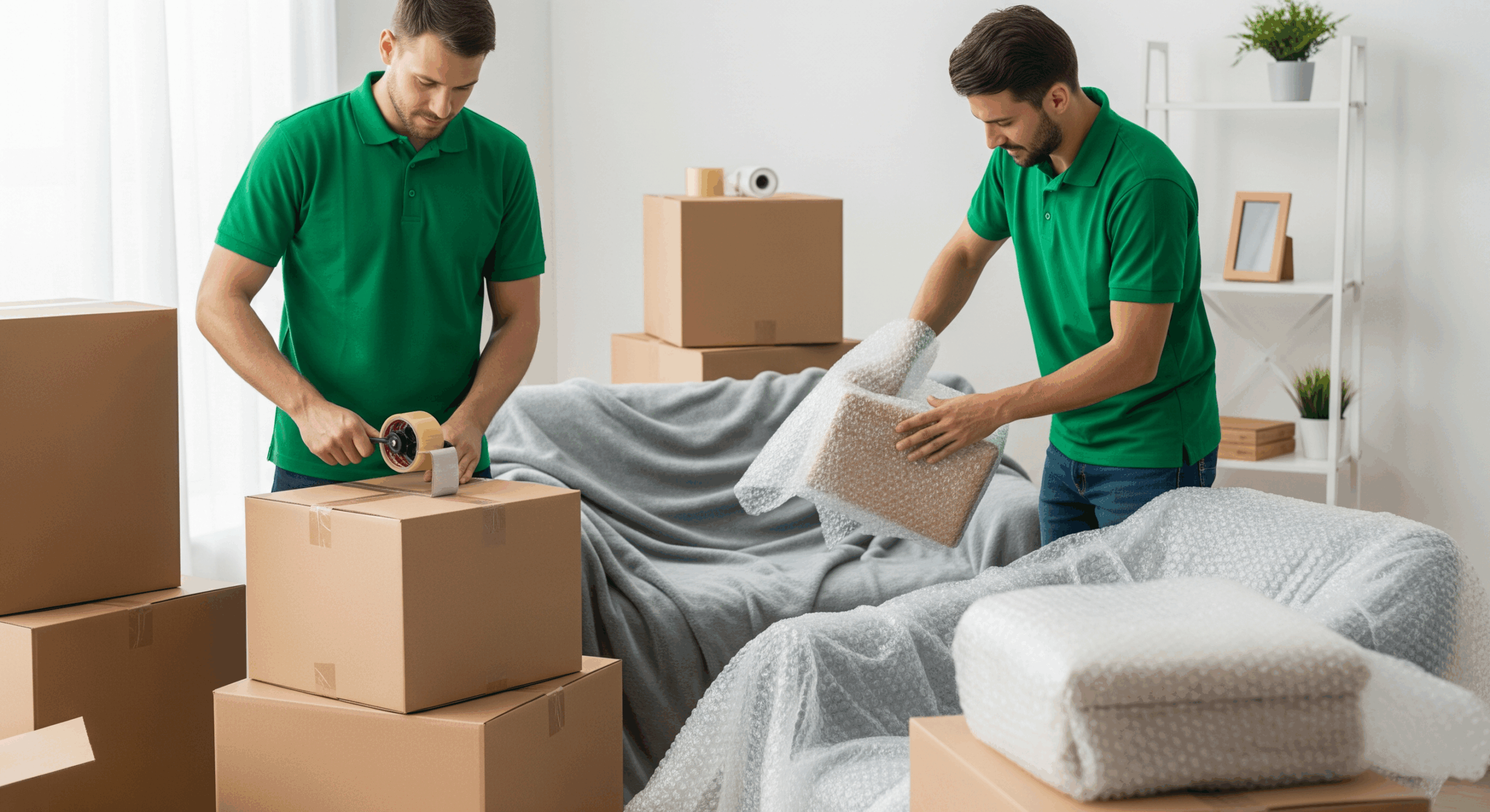 Professional movers packing fragile items with bubble wrap