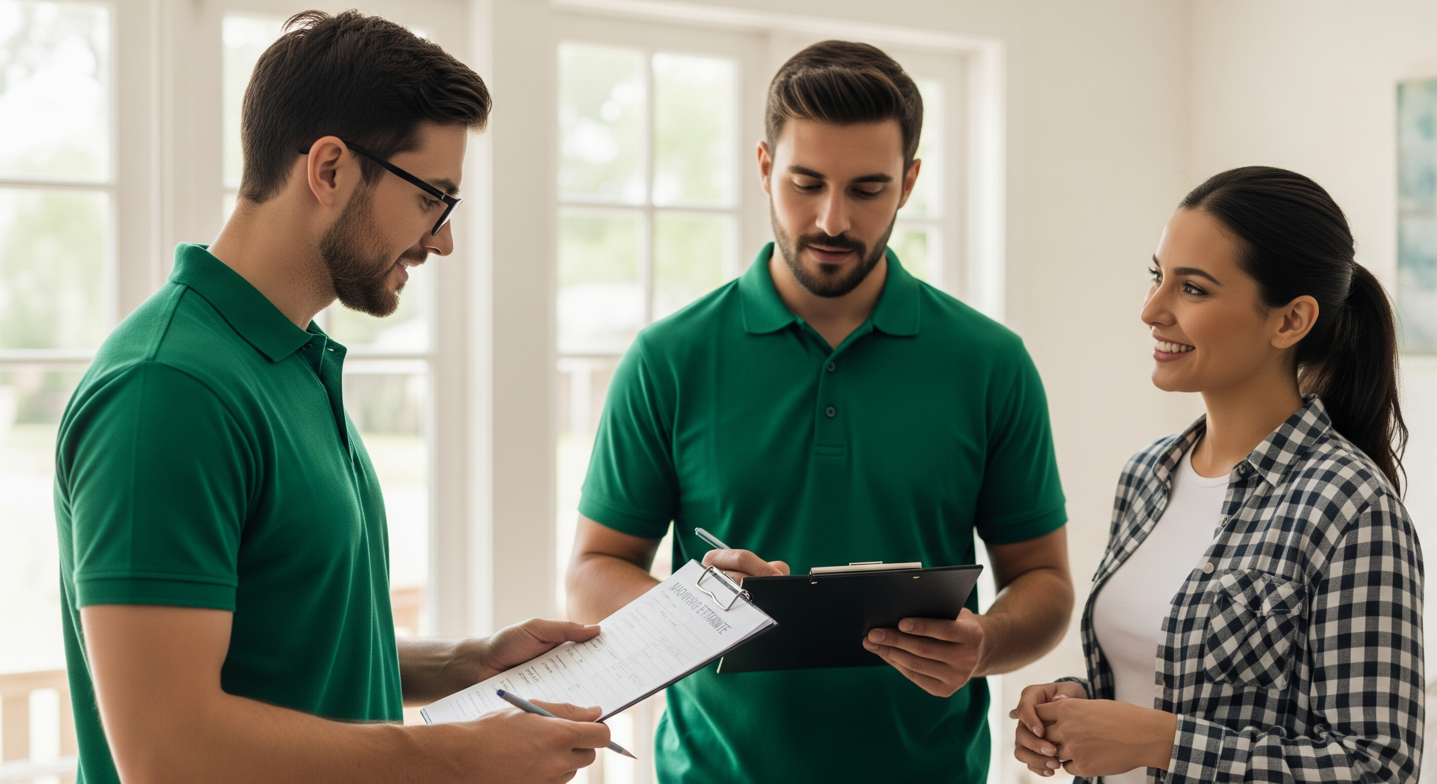 Movers reviewing a moving estimate with a customer indoors