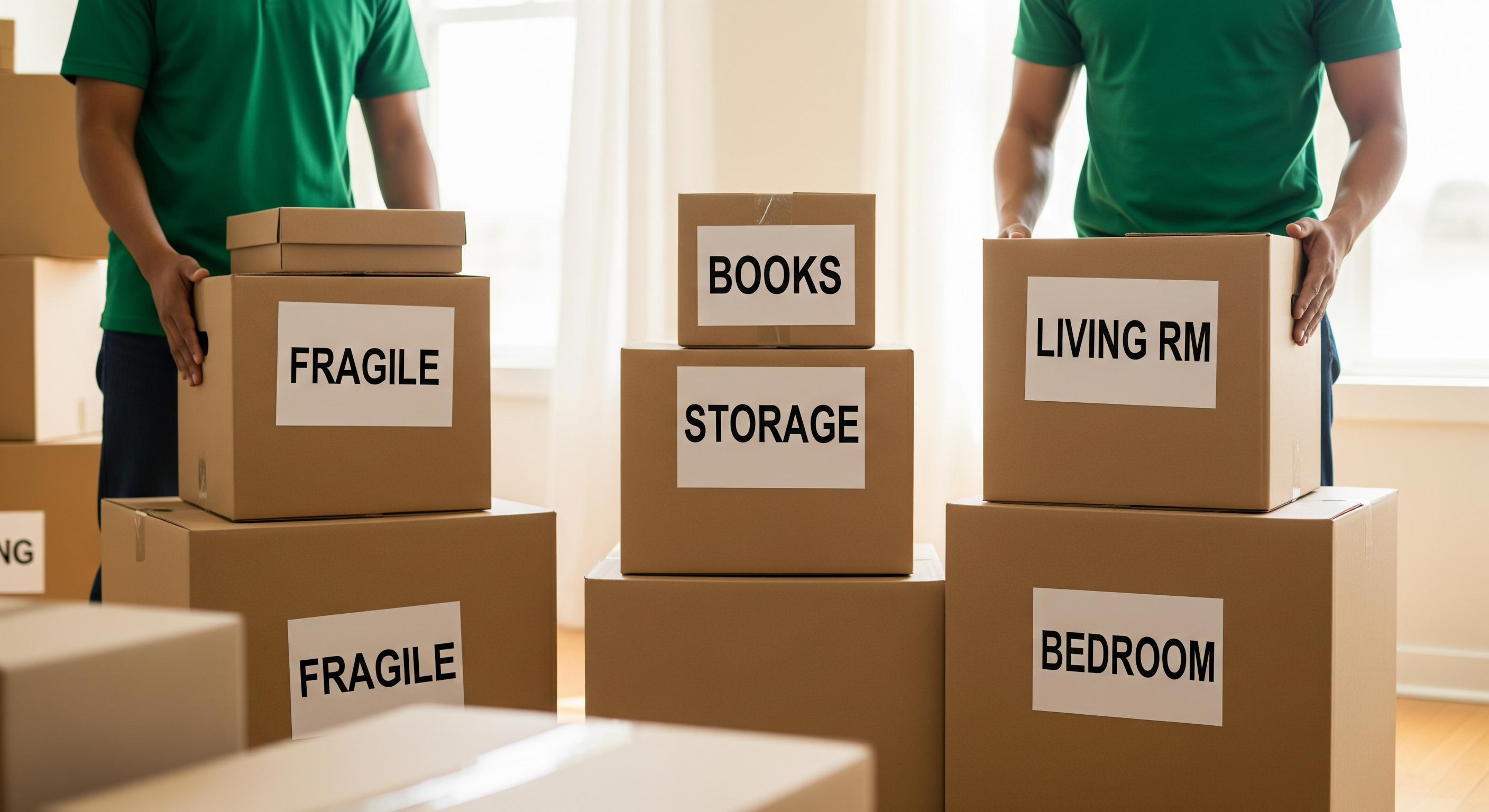 Labeled moving boxes organized by room during a home move