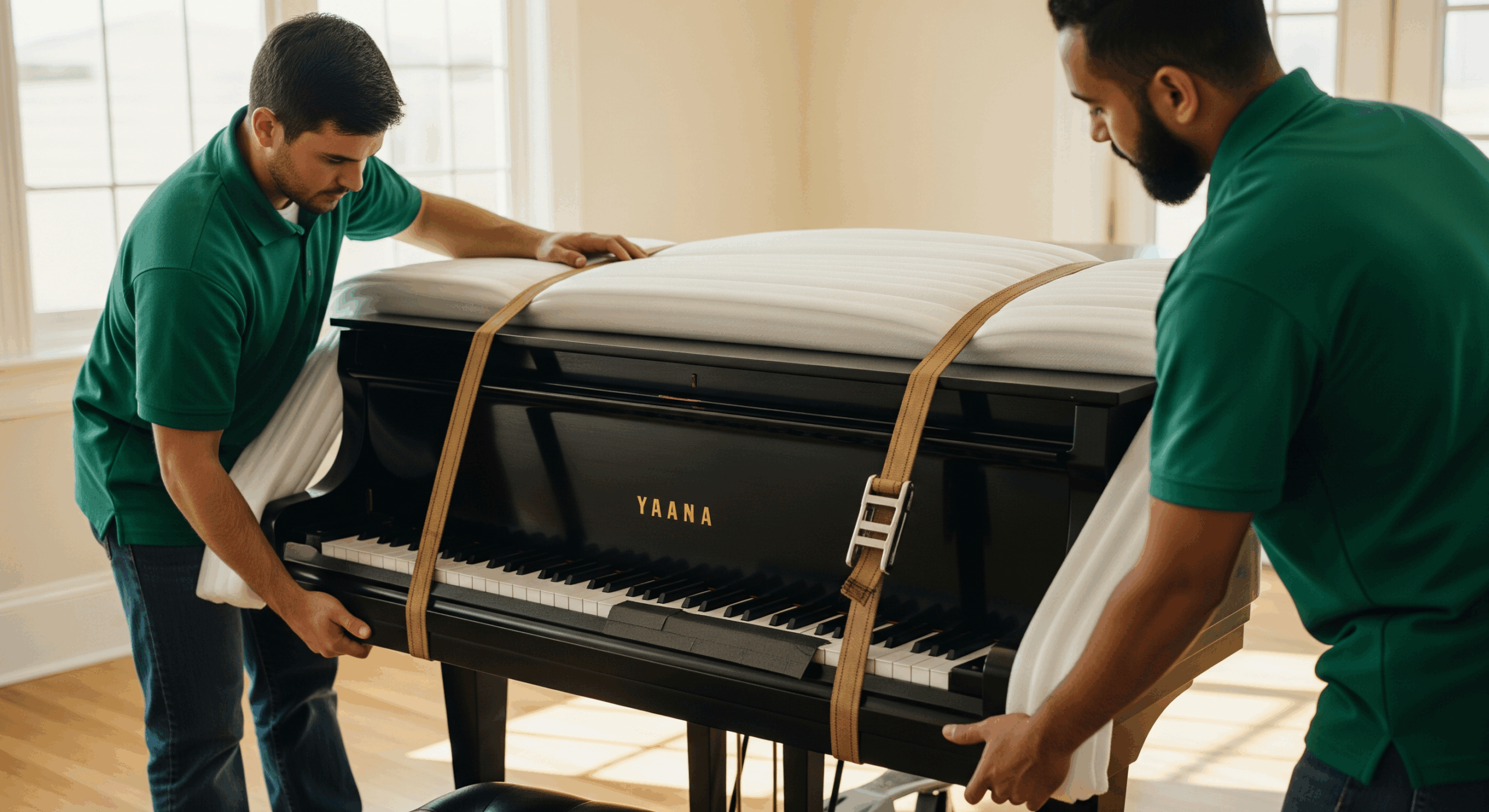 Professional movers carefully transporting a piano inside a home