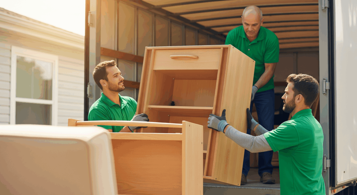 Professional movers unloading wooden furniture from a moving truck